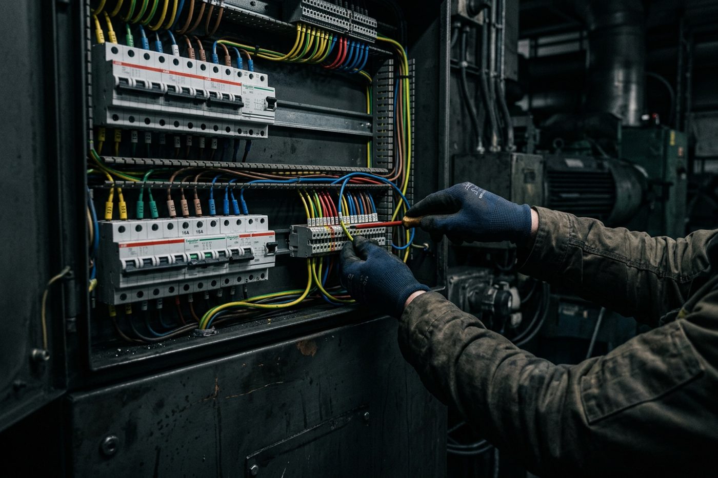 Werk aan een elektra-verdeelkast met bedrading