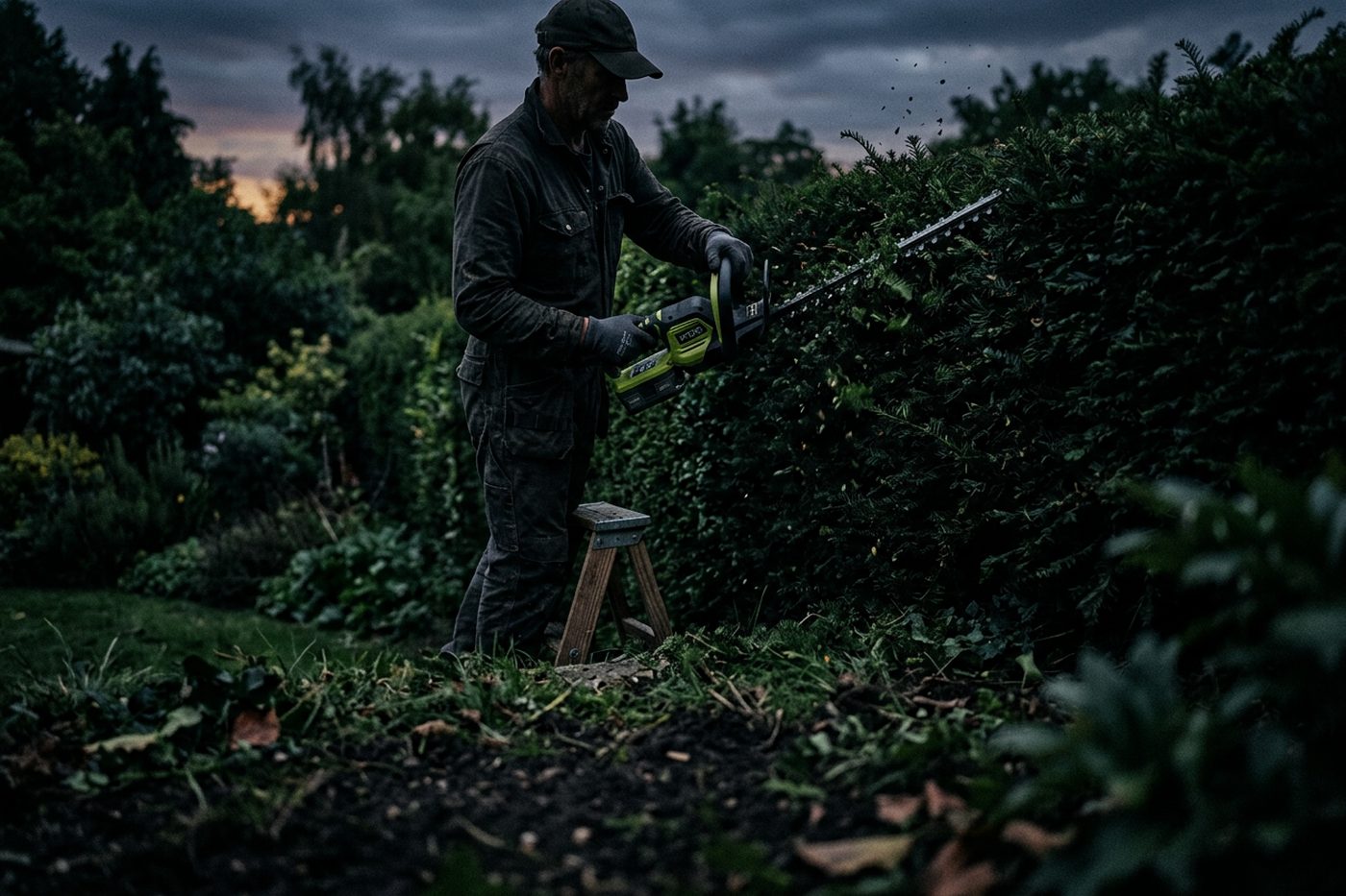 Accu heggenschaar in gebruik in de tuin